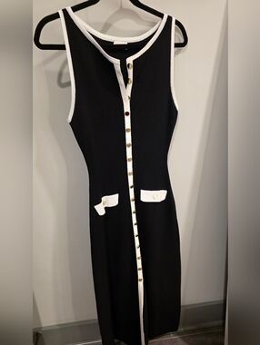 Sleeveless Black Dress with White Trim and Gold Buttons